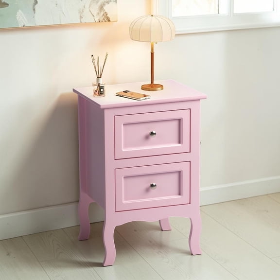 IVV Modern Nightstand in Pink, Country Style Bedside Table with 2 Full-Extension Storage Drawers and Curved Legs, for Living Space, Bedroom Nook, Home Office, Easy Maintenance & Assembly