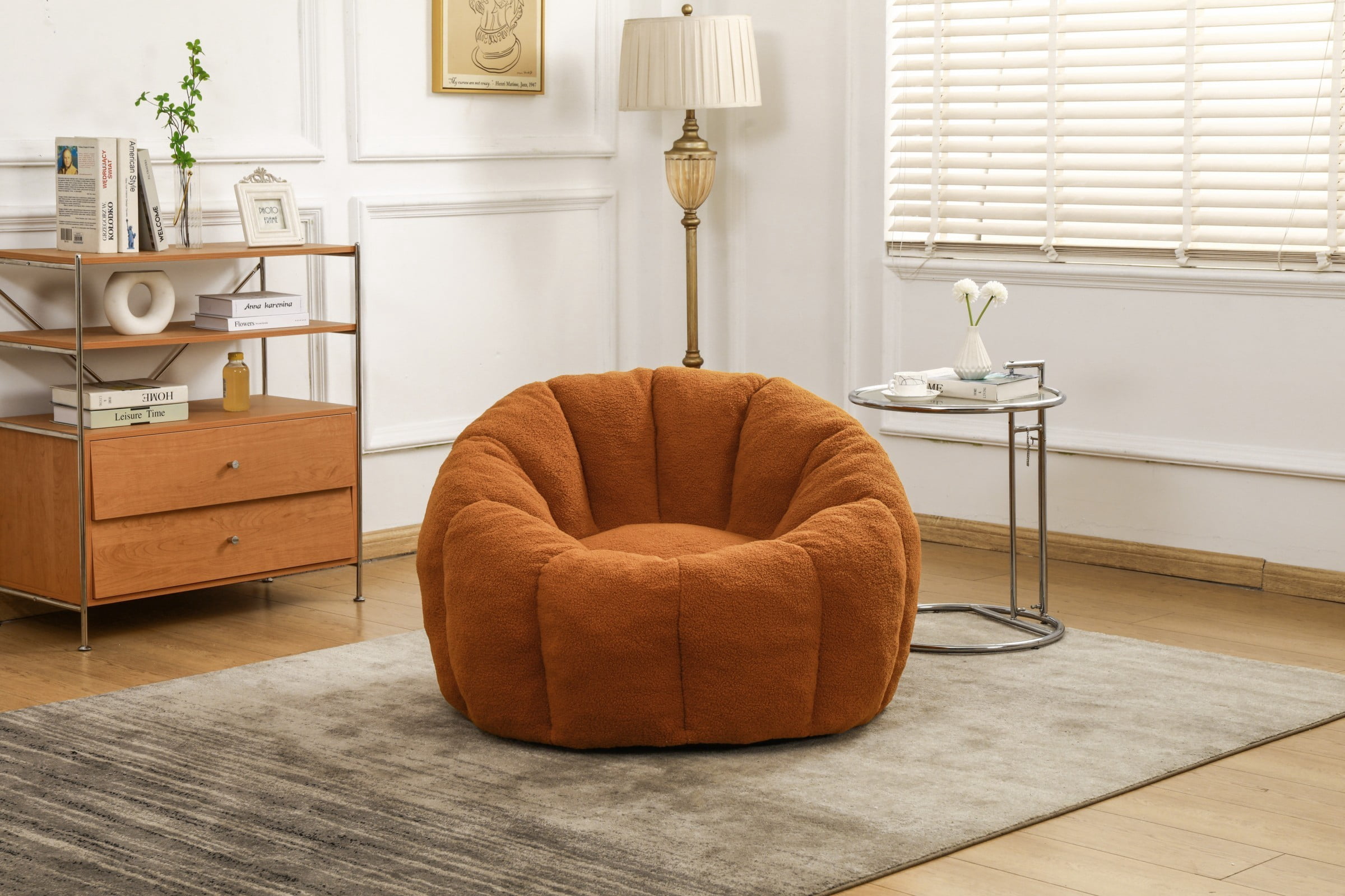 Bean Bag Chair for Adults, Faux Fur Memory Foam Bean Bag Sofa with Armrests, Fluffy Lazy Chair for Living Room Bedroom, Orange
