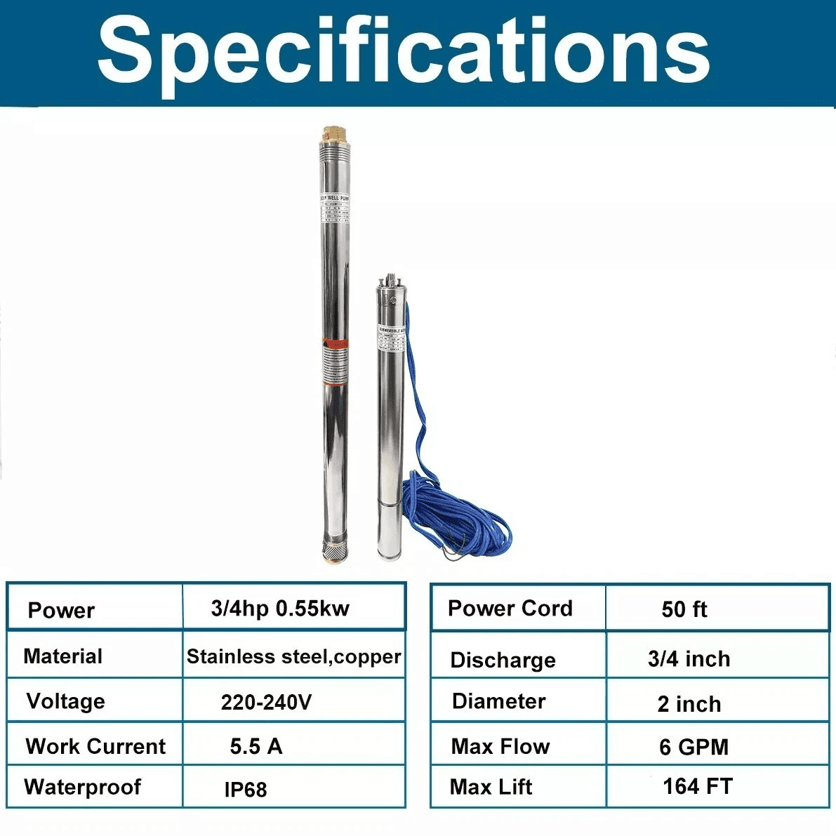 iMeshbean 3/4HP 2"OD Deep Well Submersible Pump, 220V, 360GPH,  6 GPM, 164FT Max, 26 Stage 50FT Cord