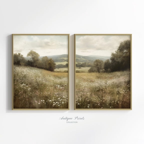 Wildflower Field Split Neutral Landscape Rustic Farmhouse Art Set 2 Unframed Paper Print 8x12