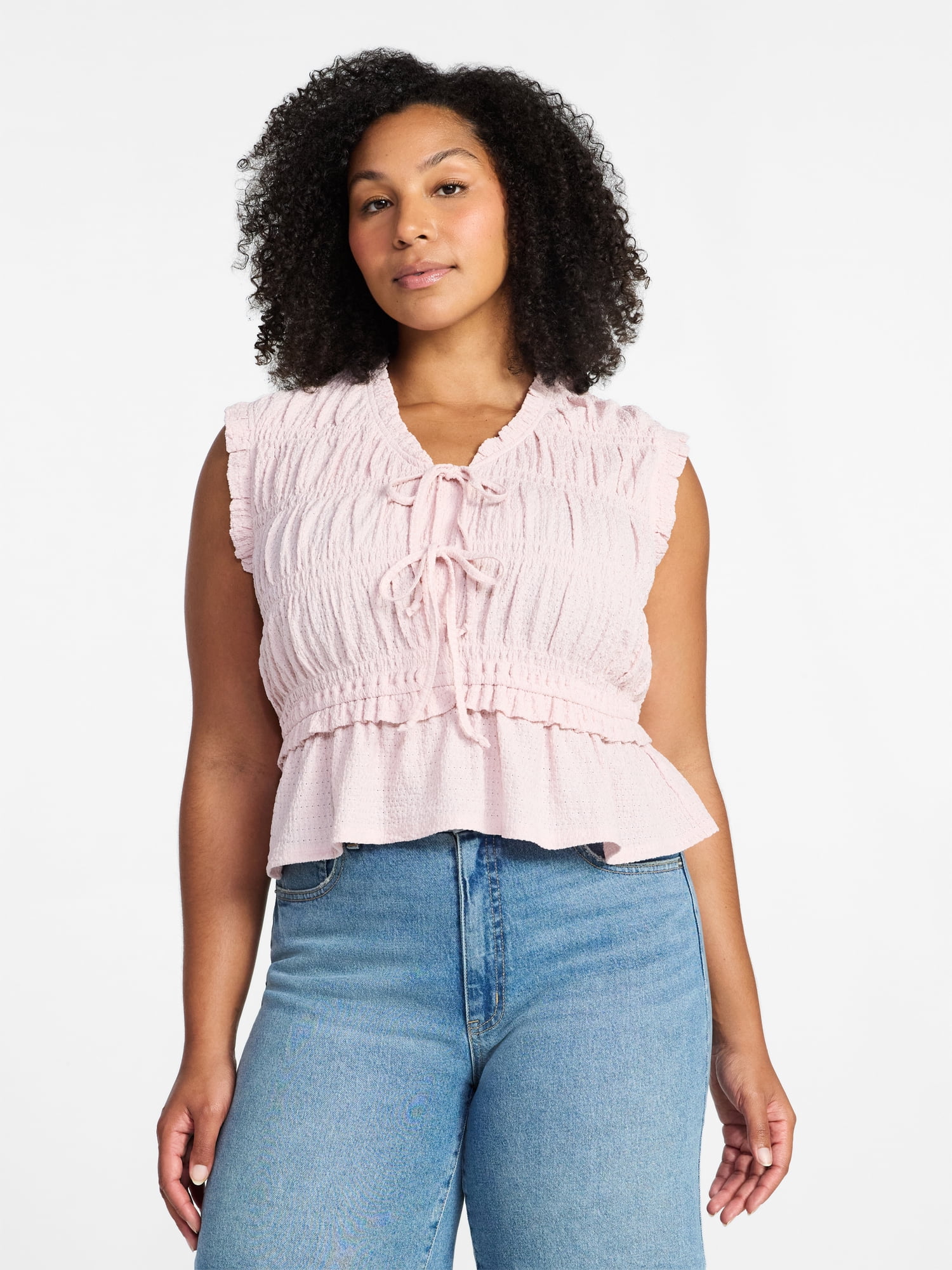 Time and Tru Women's Textured Tie Front Top, Sizes XS-XXXL