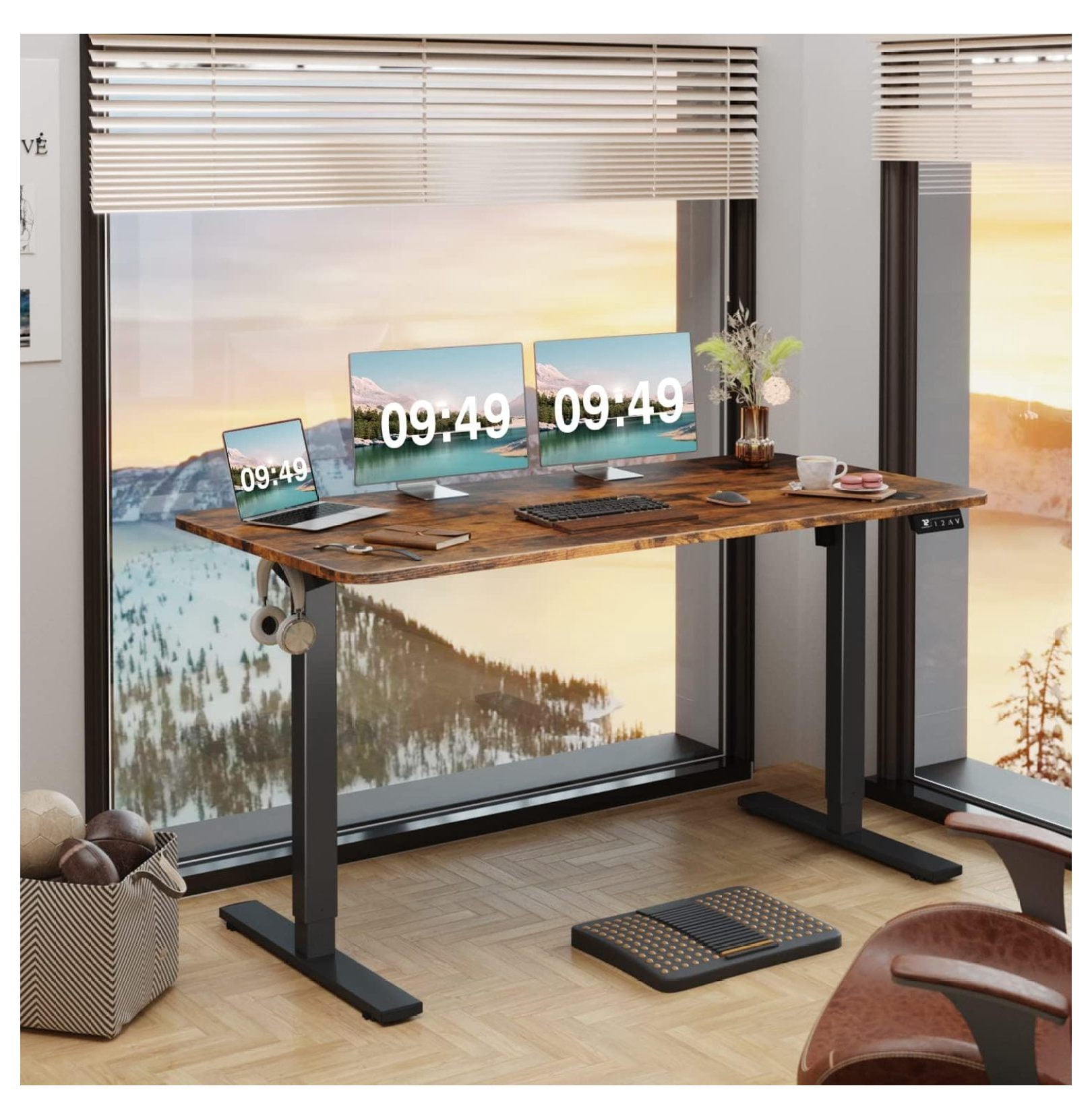 WDZS Electric Height Adjustable Standing Desk Large 55 x 24 Inches Sit Stand up Desk Home Office Computer Desk Memory Preset with T-Shaped Metal Bracke, Brown