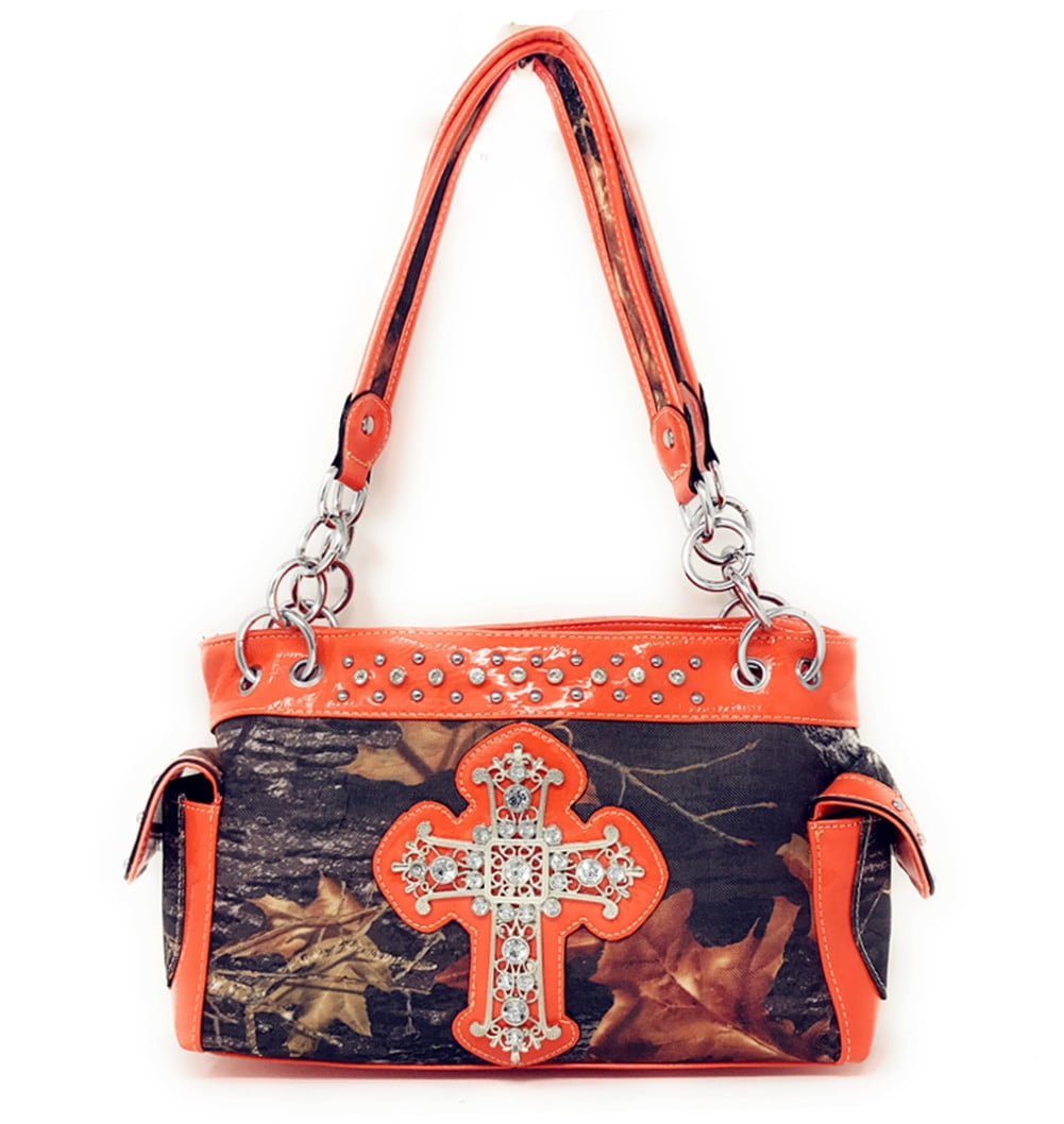 Premium Rhinestone Western Camouflage Cross Womens Shoulder Handbag/Wallet Set 