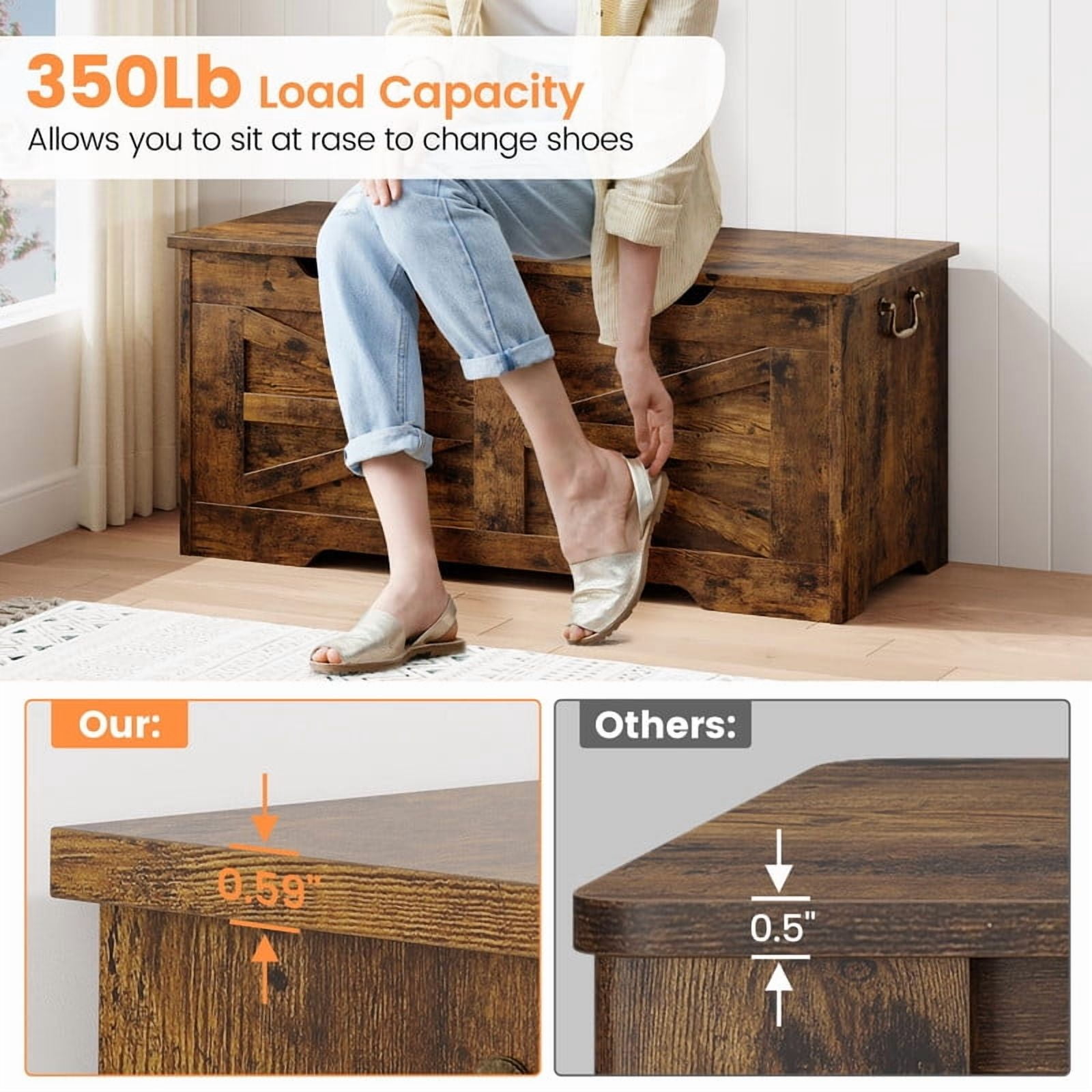 39.4" Storage Chest for Bedroom, Farmhouse Storage Trunk Toy Chest Box with Safety Hinge, Wooden Storage Bench for Living Room, Entryway, Supports 350 lbs, Rustic Brown
