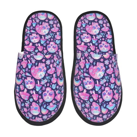 Balery Skull Rainbow Mushroom Slient Indoor Furry Fleece Comfort House Shoes Soft Non-Slip Home Shoes Cotton slippers House Slippers-- Medium