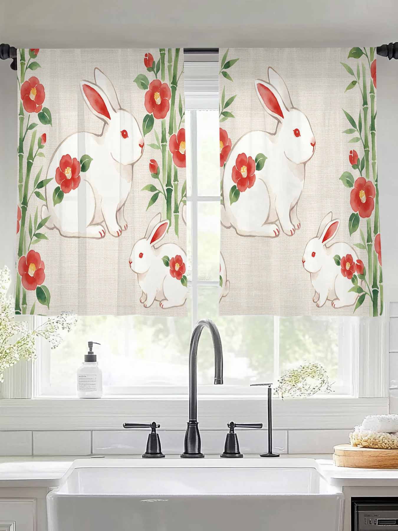 Floral Rabbits Sheer Curtains 2 Panels Set Japanese Red Floral Rabbit Linen Texture Sheer Window Curtains Light Filtering Rod Pocket Voile Drapes for Bedroom Living Room 52"x54"
