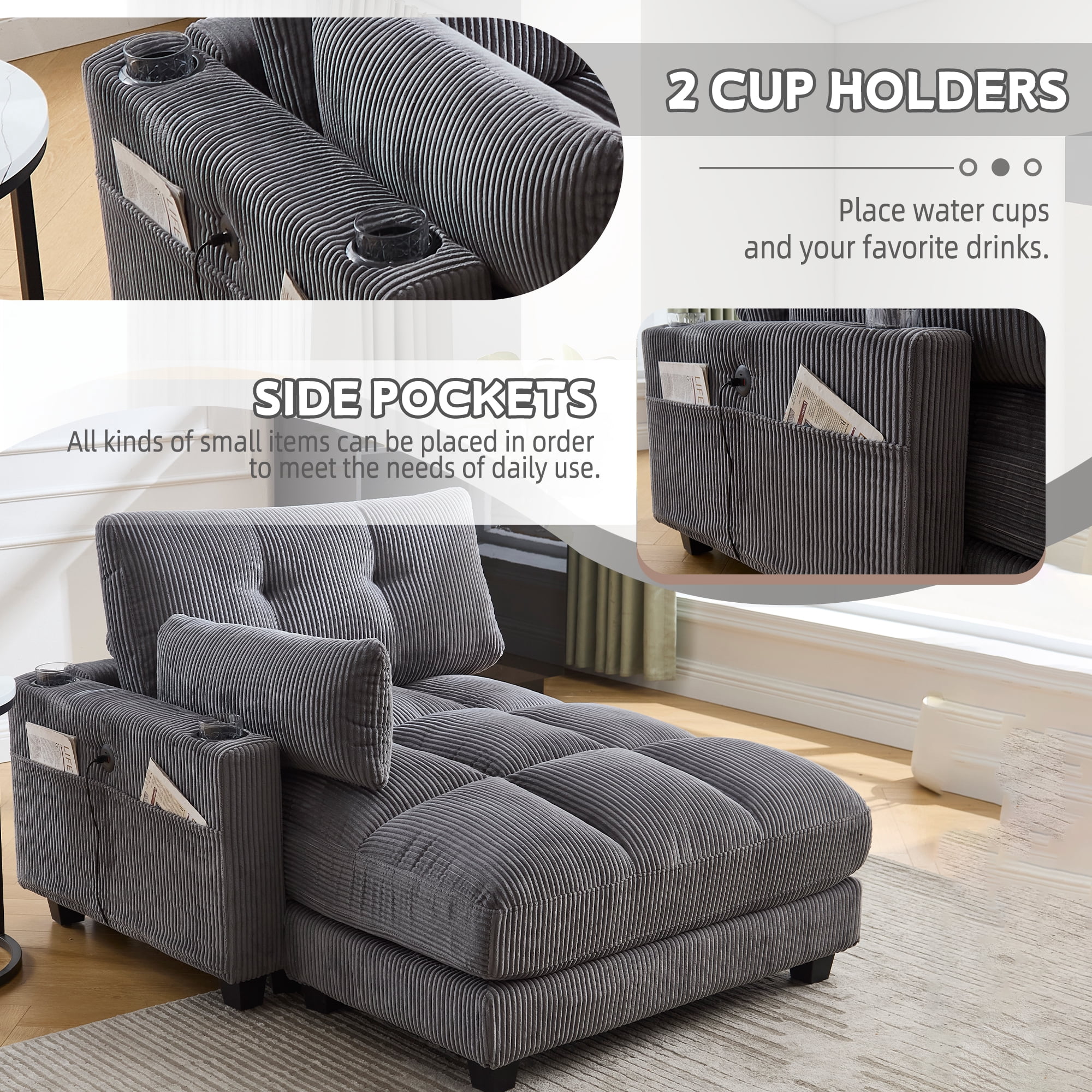 MOONMISS Corduroy Upholstered Soft Deep Seat Sleeper Sofa with USB,TYPE-C&2 Cup Holders-Gray