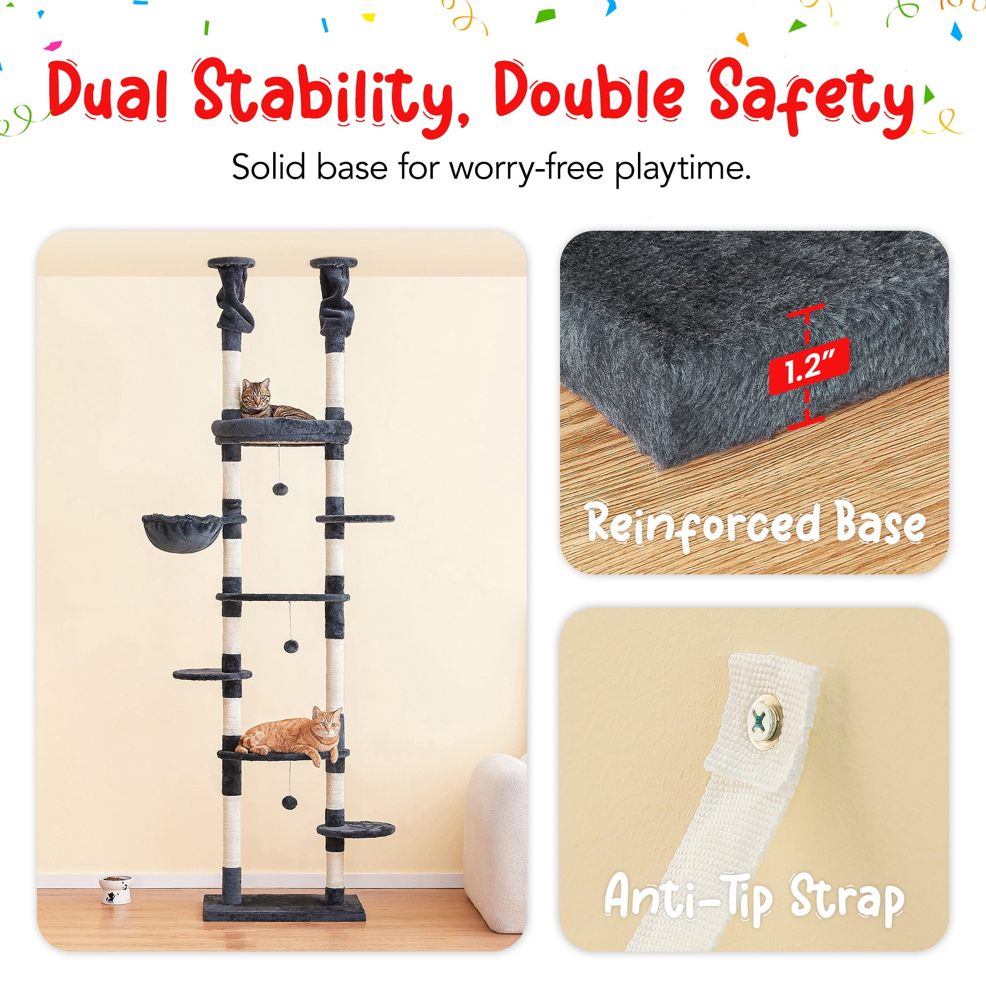 Furcato 92.1"-101.6" Adjustable Height Cat Tree, Floor to Ceiling Cat Tower, 7 Tiers Cat Climbing Tree with Hammock, Smoky Grey