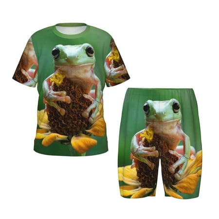 Ocsxa Tree Frog Sitting On Sunflowes for Kid s Short-Sleeved Pajamas Set Summer Short Set for Children Round Neck Pjs Set 2pcs Toddler Clothes Fit for Boys & Girls-Large