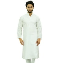 Atasi Men's White Kurta Pyjama Set Ethnic Punjabi Casual Long Dupion Shirt-Small