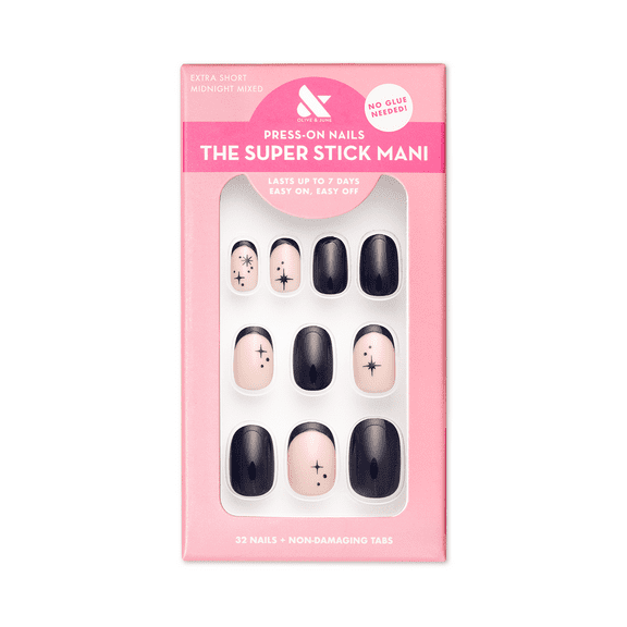 Olive & June Super Stick Mani Round Extra Short Press-On Tabs, Blue, Midnight Mixed, 32 Pieces