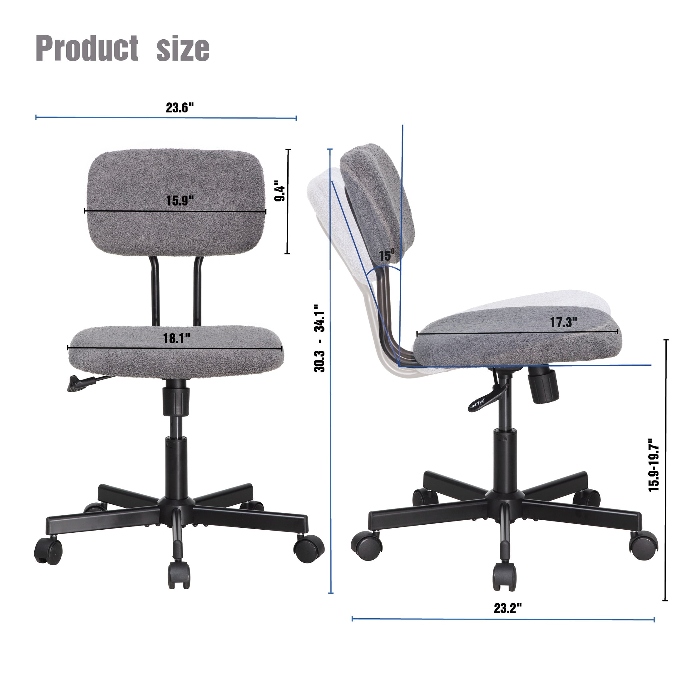 JJS Low Back Velvet Fabric Armless Home Office Computer Chair in Gray