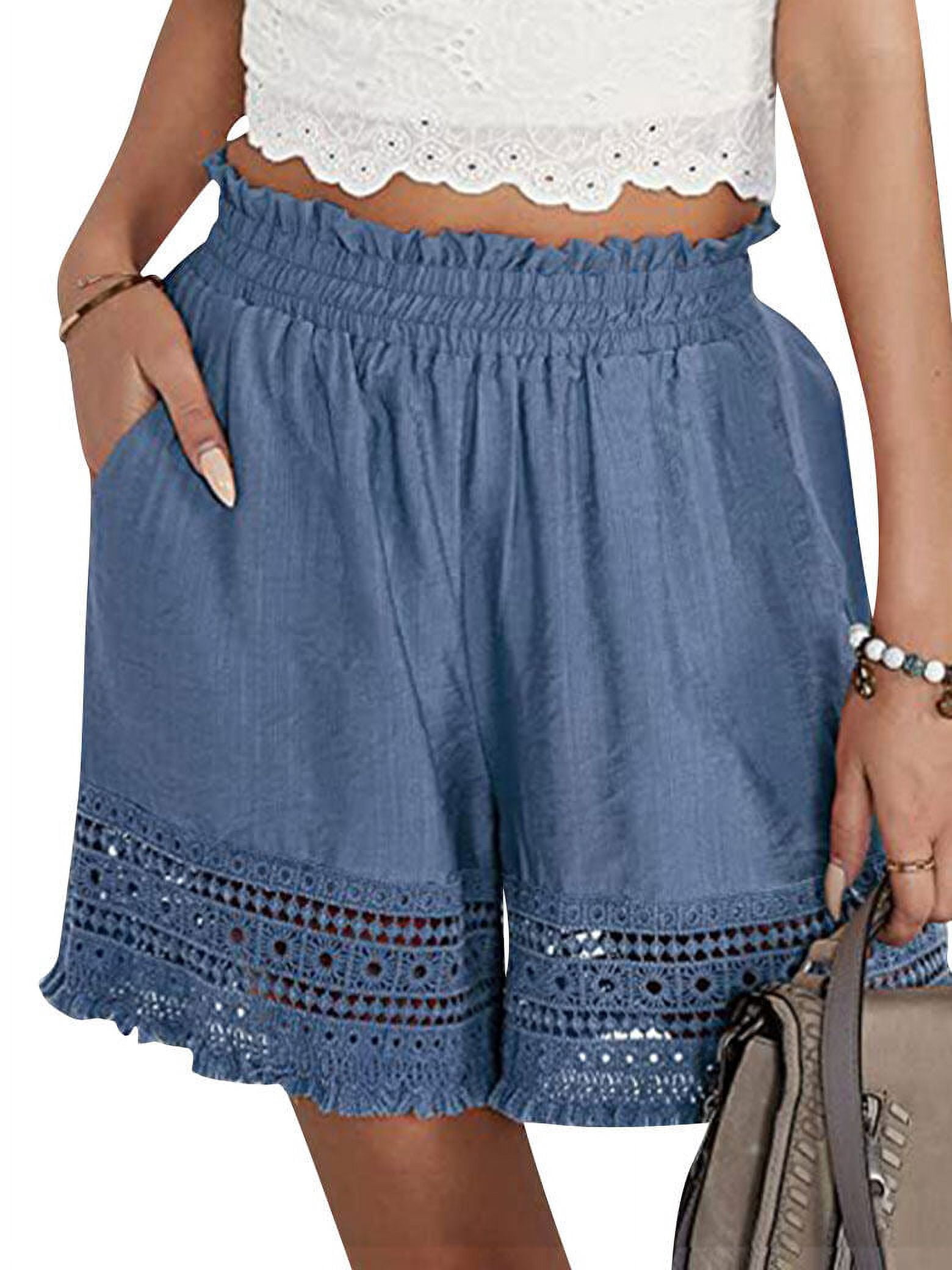 STARVNC Women Hollow Out Ruffle High Waisted Smocked Pocket Shorts