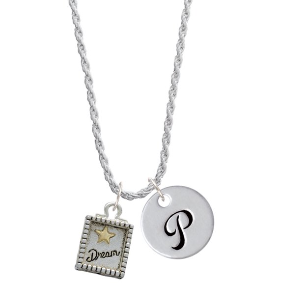 Delight Jewelry Two-tone Shadow Box ''Dream'' with Star Silvertone Script Initial Disc - P - Charm Necklace, 20"+3"