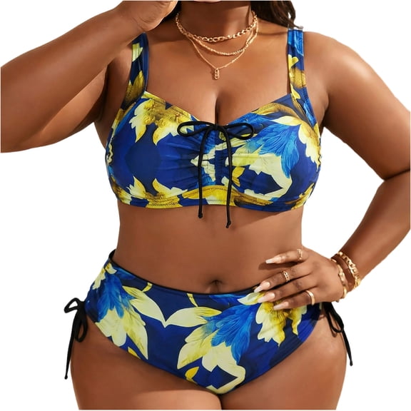 ZToonmas Women's Plus Size Underwire Wide Strap Tropical Hawaiian Print Bikini Top and Bikini Bottom Two Piece Bathing Suit for Beach Vacation