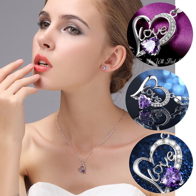 Fiudx Collar de Amatista y Diamantes, Diseño de Corazón, Acabado En Oro Blanco, Regalo Elegante para Mamá, Novia, Accesorio de Fiesta, Joyería de Boda, Cadena de 45 Cm Incluida.