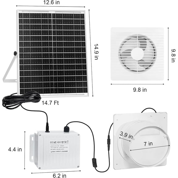Solar Exhaust Fan with 12000mAH Battery, 22W Solar Powered Fan for Greenhouse Circulation, Chicken Coop, Shed, barn, Outside, Outdoor Waterproof with 14.7Ft Cable, 9.8"