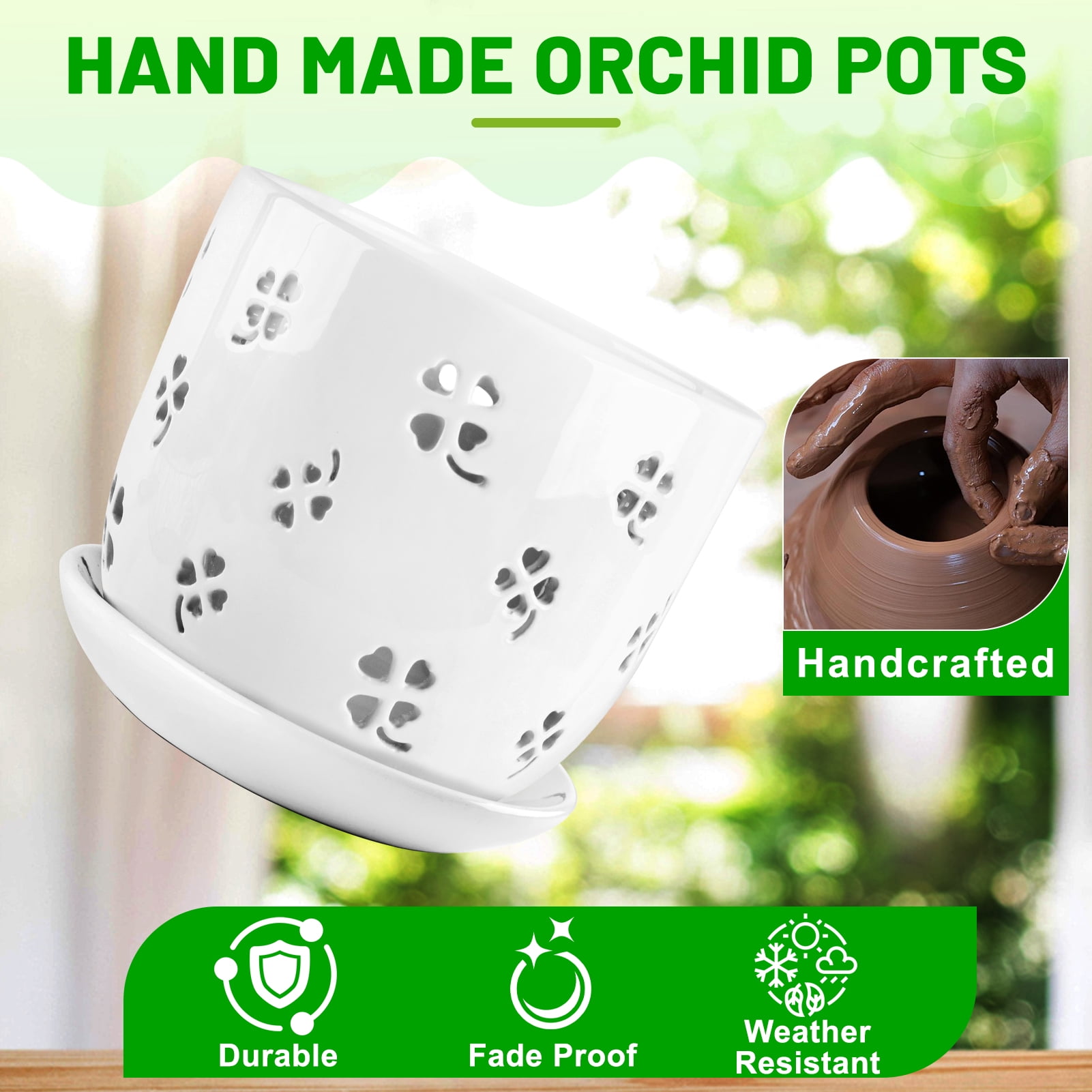 Yalumo 2 Pack Ceramic Orchid Pots with Holes, 5 & 6 Inch Large Orchid Planters with Drainage and Saucers for Repotting, Breathable Flower Pots for Indoor Outdoor Orchids and Succulents