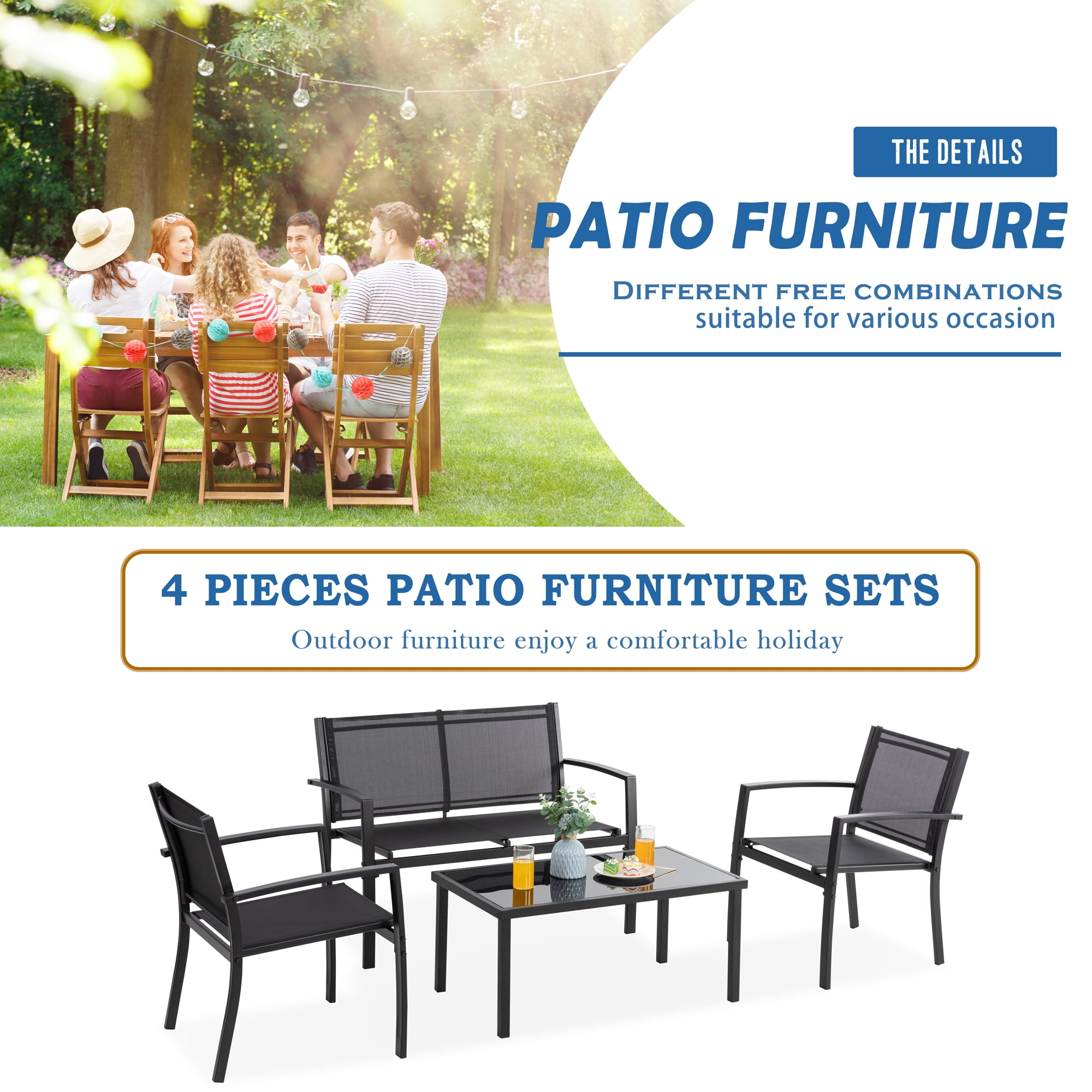 Walsunny 4 Pieces Outdoor Furniture Set All Weather Patio Textilene Steel Conversation Set, Patio Furniture Set Bistro Set with Loveseat ea Table for Lawn and Balcony, Black