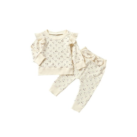 

Franhais 2Pcs Children Autumn Tracksuit Floral Ruffled Long Sleeves Pullover + Bowknot Pants for Girls 6 Months to 4 Years