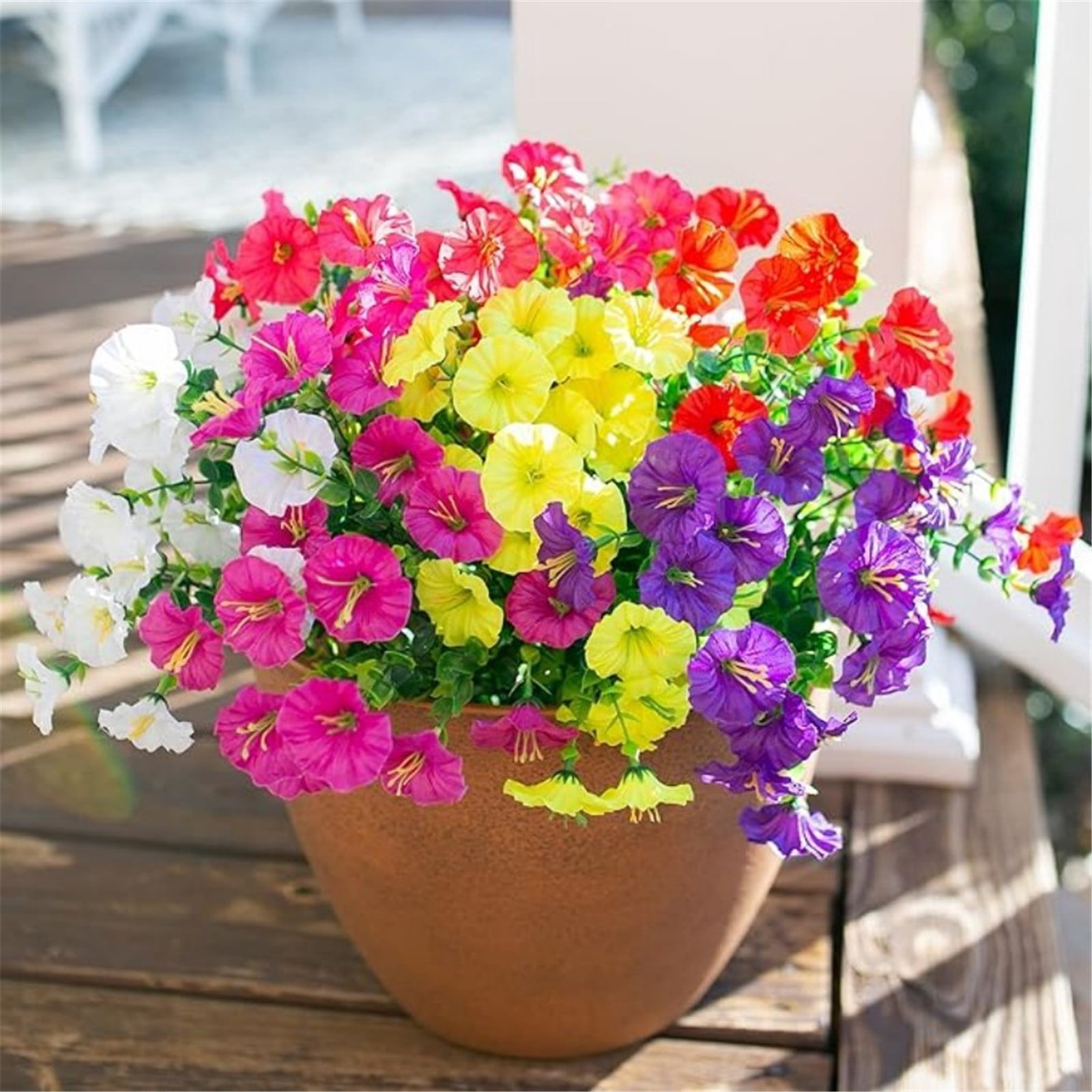PPKVUFD Artificial Flowers for Outdoors Fake Plants Outside Decoration, 1 Bundles Silk Colorful Morning Glory with Eucalyptus UV Resistant Realistic Faux Flowers for Planter Porch Patio Yard Garden