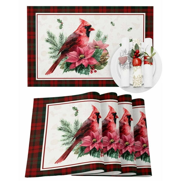 Christmas Cardinal Placemats Set of 12 Red Bird Poinsettia Leaf Winter Plaid Heat Insulation Washable Place Mats, Rustic Non-Slip Table Mats for Dining Table Party Kitchen Decor,13x19 Inch