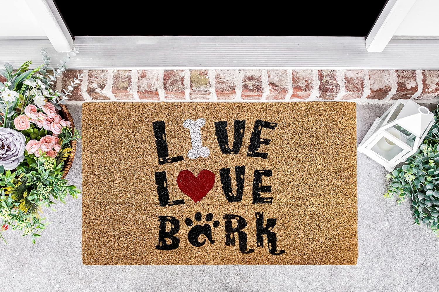 Kashi Home Printed Coir Fiber 18x28 Non-Slip Doormat, Durable Outdoor / Indoor Rug, Entryway, Front Door, Porch, Patio, Welcome Mat, Animal Lover Theme, Cat Dog Pet Design Decor (Live, Love, Bark)