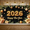 thumbnail image 2 of Gold Theme 2026 New Year Banner Shiny Design Happy New Year Banner Gift Box Decor Pine Branch Ornament New Year Party Banner for New Year Party 2026 Countdown Family Gathering, 2 of 9