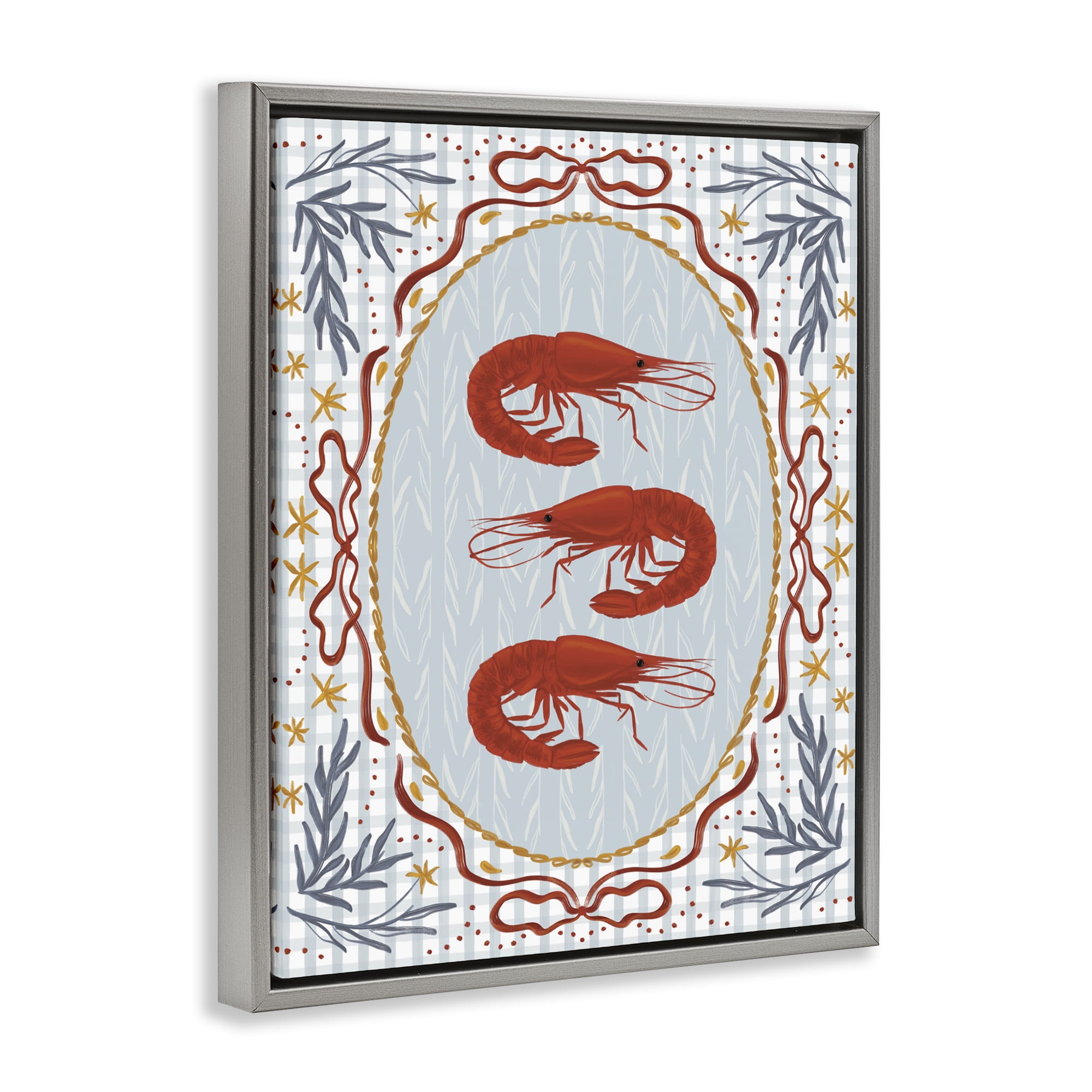 Stupell Industries Three Red Prawns on Gingham Gray Framed Floater Canvas Wall Art, design by Vero Illustrates
