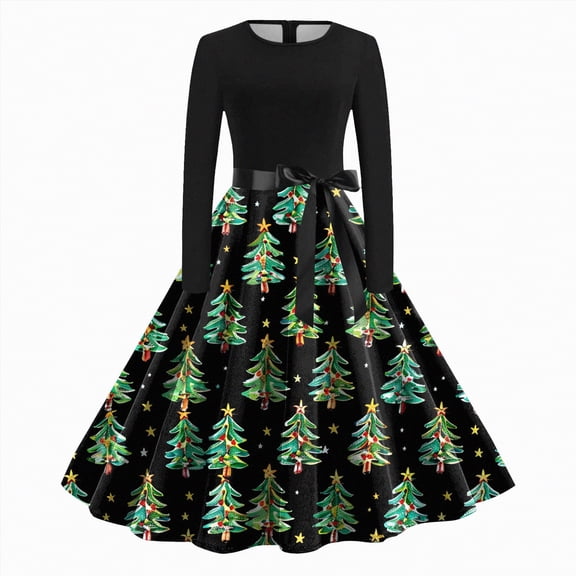 UngA Christmas Dress Graphic Print Christmas Dresses for Women Long Sleeve Pleated Prom Hepburn Dresses with Belt Winter Party Cocktail Dress Dark Green,L