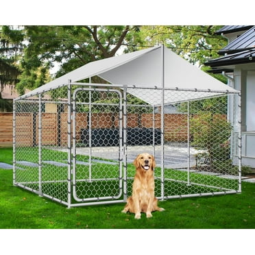 7.5FT Large Outdoor Dog Kennel with Roof, Outside Heavy Duty Dog Run Enclosure House Pet Playpen with Galvanized Chain Link Waterproof Cover and Secure (7.5' x 7.5' x 5.3')