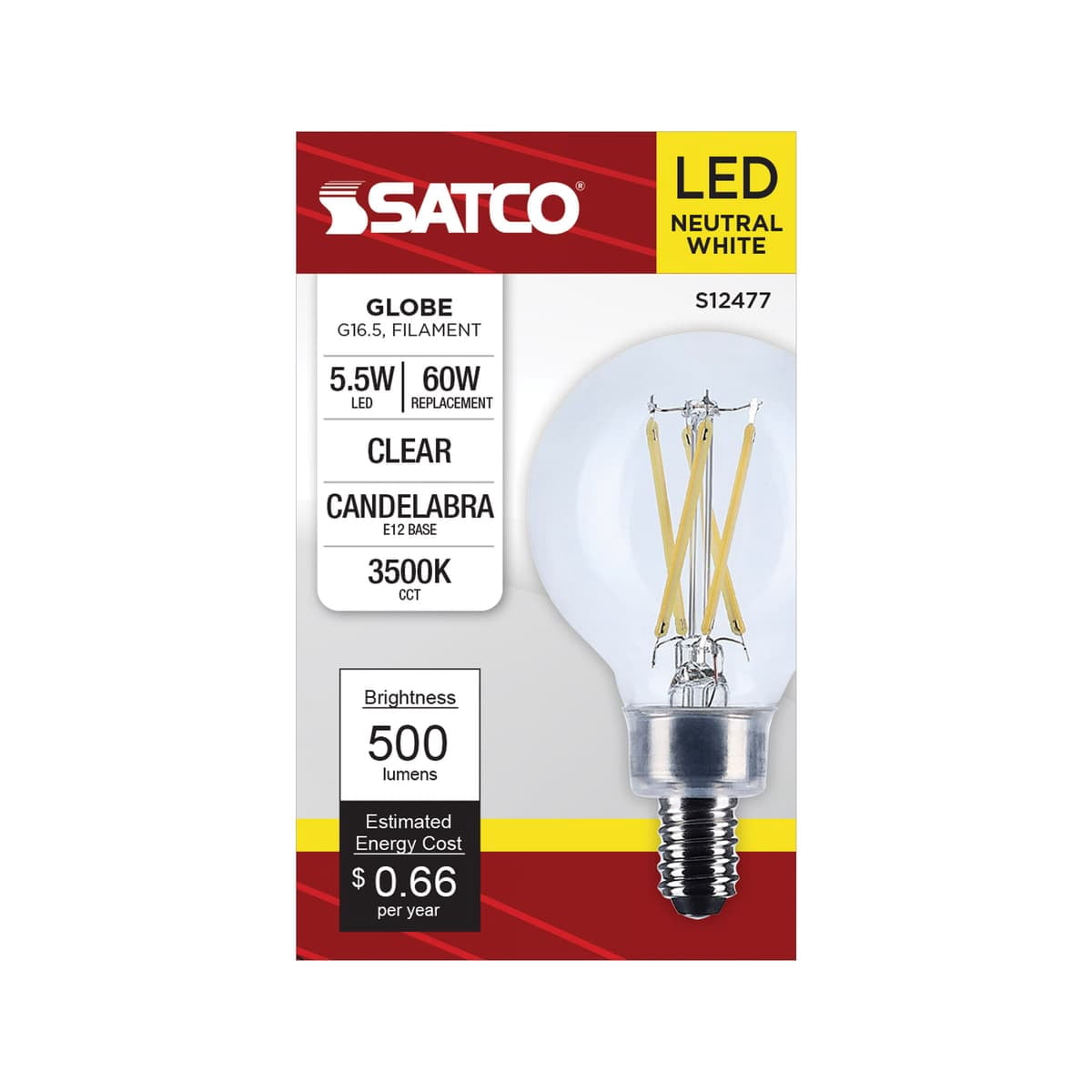 Satco S12477 G16.5 Globe LED Filament Light Bulbs 5.5W 120V 3500K 90+CRI E12 Candelabra Base Dimmable WET Location (6 Pack)