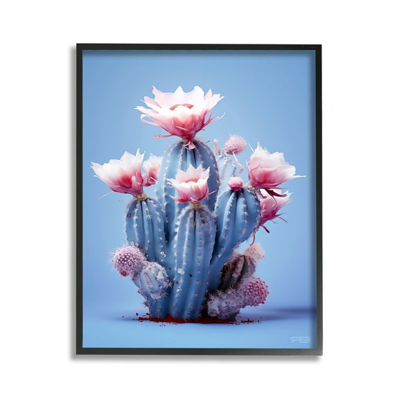 Stupell Industries Pink & Blue Cactus Flowers Botanical & Floral Painting Black Framed Art Print Wall Art, 11 x 14