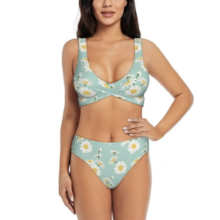 Zeuib Floral Daisy High Waisted Tummy Control Bikini Set - Knot Front Push Up Top & Cheeky Thong Bottom  Two-Piece Swimsuit for Women-XX-Large