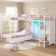 thumbnail image 3 of Triple Bunk Beds Twin Over Twin Size with LED Lights, L-Shaped Metal Bunk Bed Frame with 9 Storage Drawers, Open Shelves, Safety Guardrail and Ladder for 3 Teens Adults, White, 3 of 8