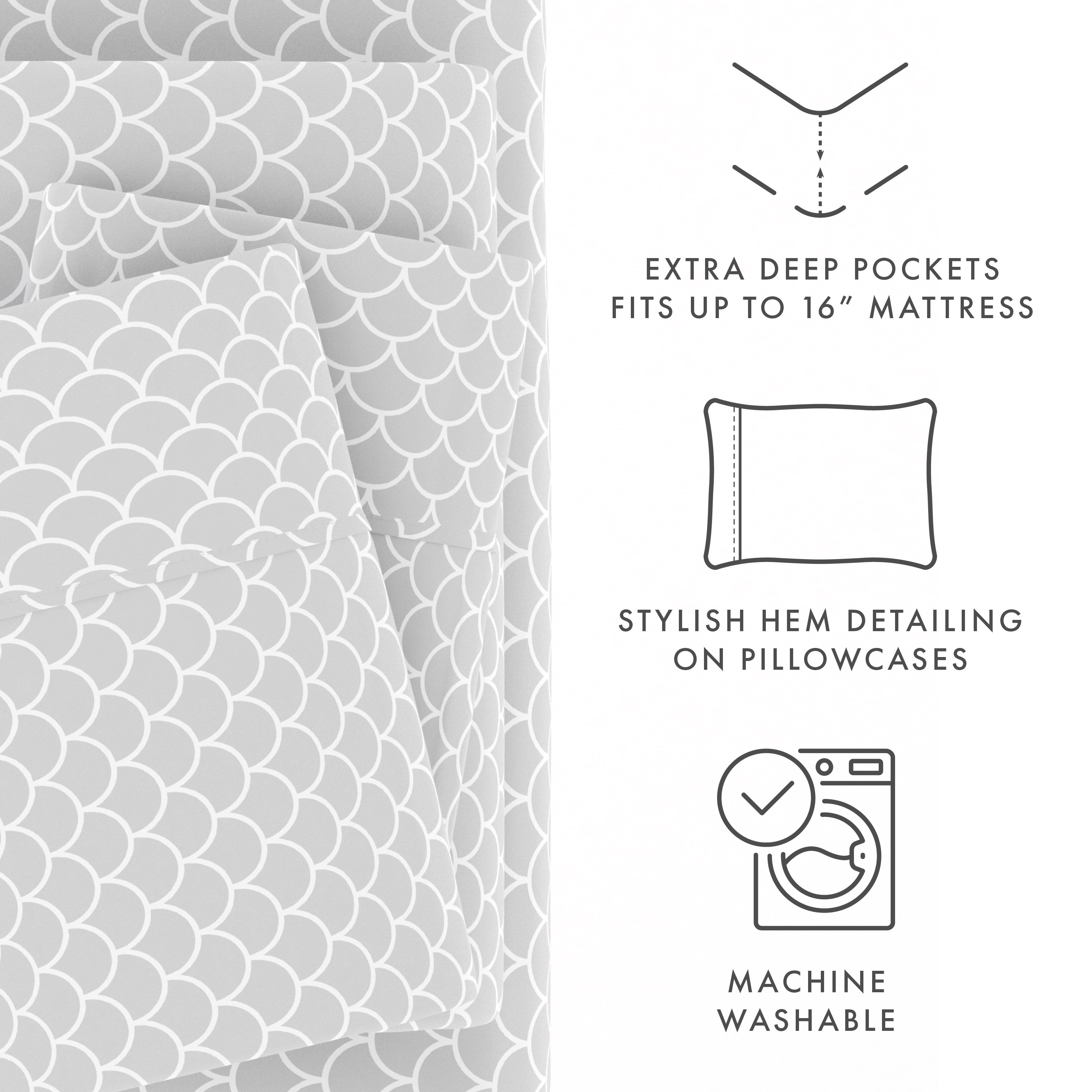 Noble Linens 4 Piece Pattern Microfiber Bed Sheets Set, Light Gray Scallops, King