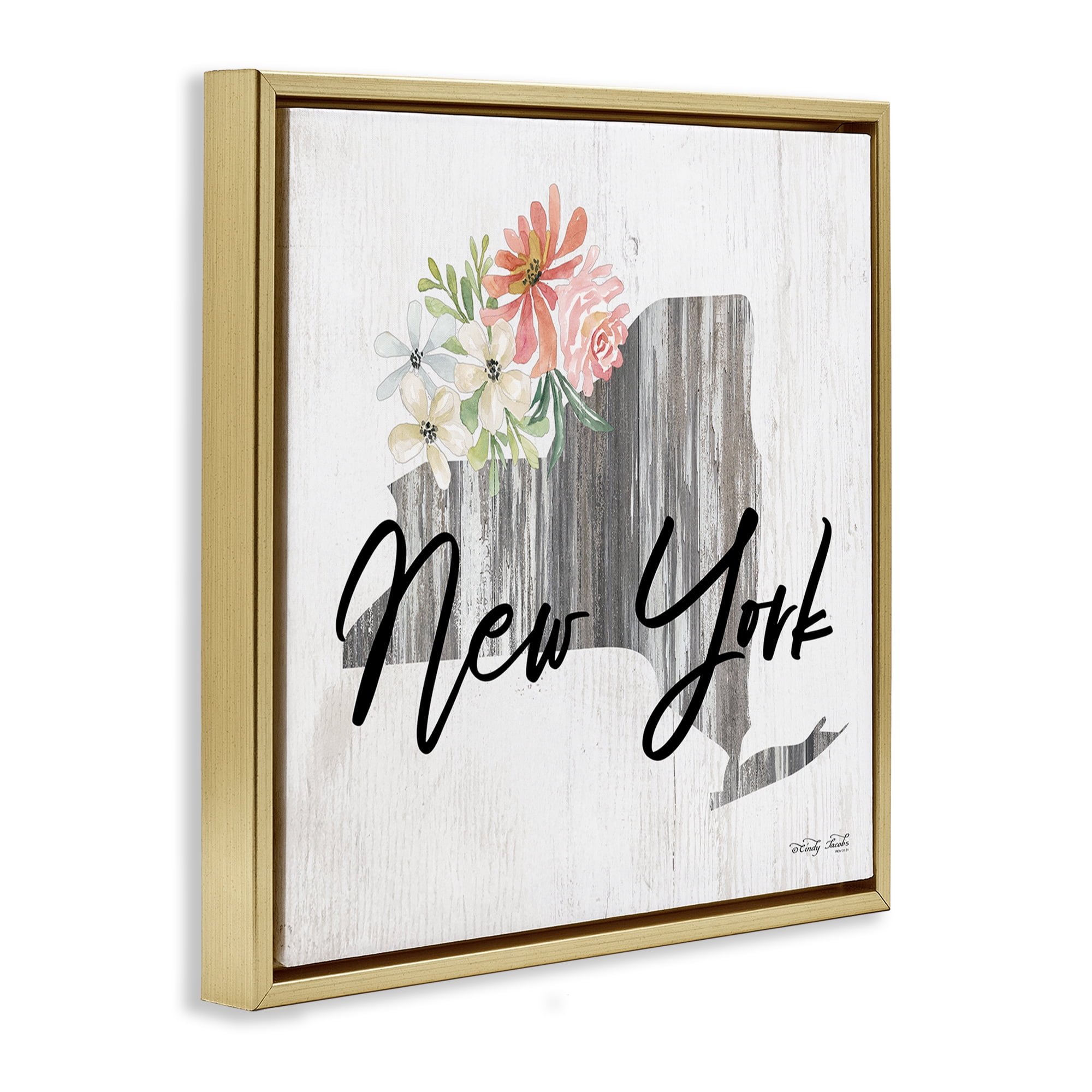 Stupell Industries Shabby Chic New York Botanical & Floral Painting Gold Floater Framed Canvas Art Print Wall Art, 18 x 18