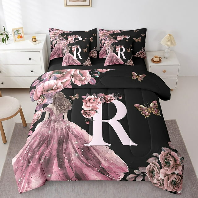 Erosebridal Ensemble de Literie Complet Lettre Initiale de A à Z Format Grand Lit, Literie Princesse à Roses Format Grand Lit, Ensemble de Lit Monogrammé R Réversible, Super Douillet Décoratif pour Chambre, 7 Pcs