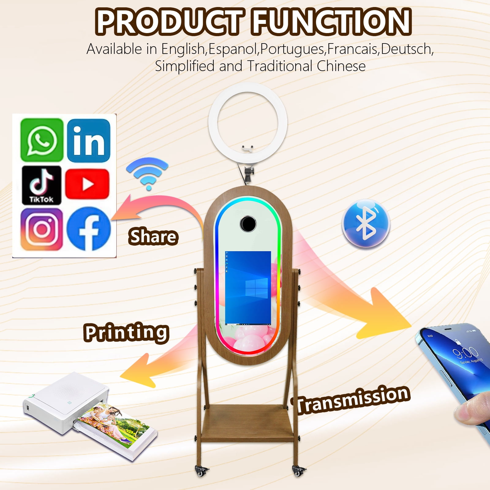 LivFiv Mirror Photobooth with Ring Light 21.5inch Touch Screen App Control RGB Light for Events