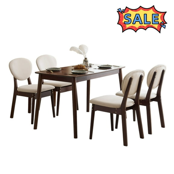 Tcbosik 5-Piece Modern Dining Table Set, 46.9" Wooden Table & 4 Upholstered Chairs, Kitchen Table Set for Home, Apartment, Walnut