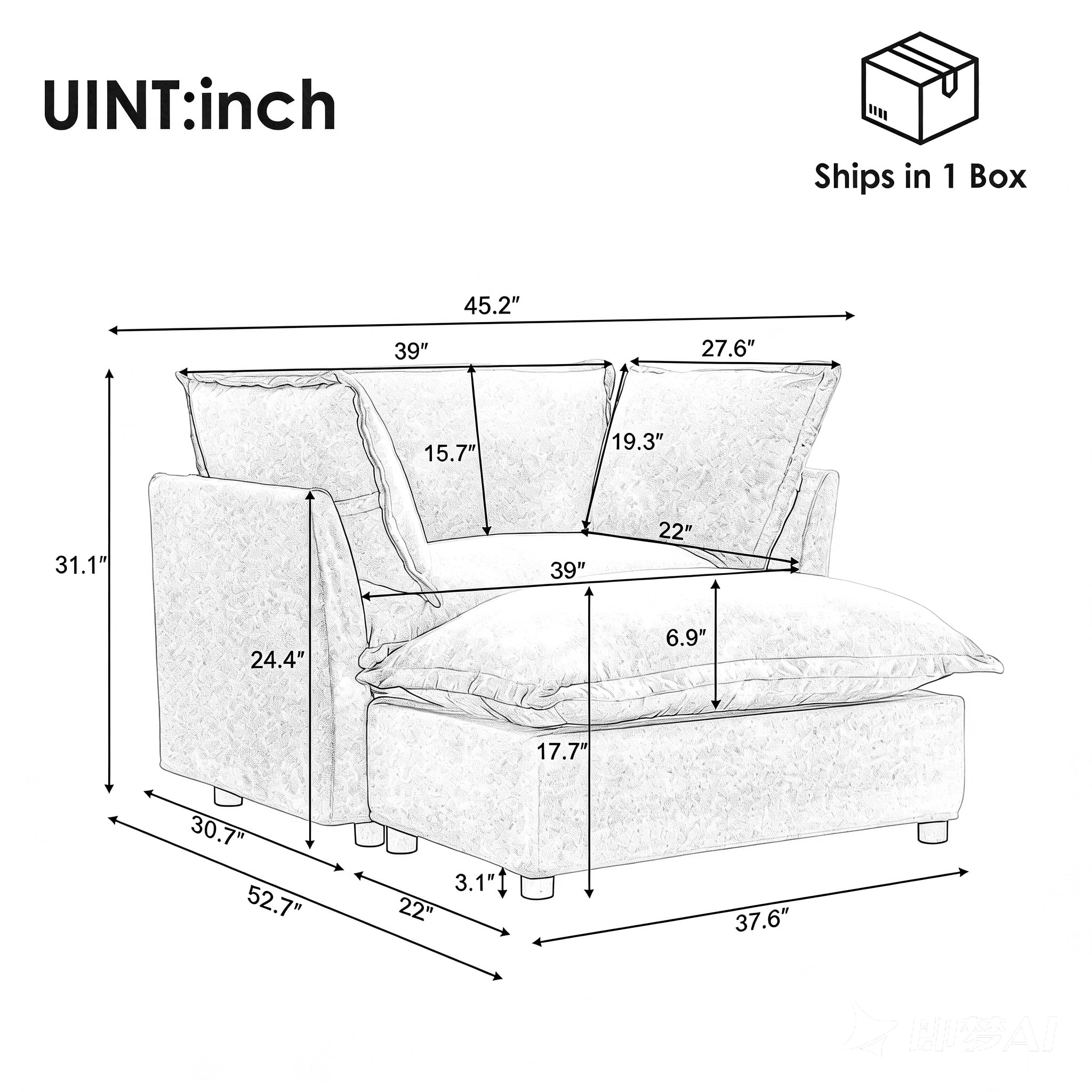 45.2" Armchair Sofa Cozy Upholstered Sofa Chair with Ottoman, 39" Wide Seat and 2 Pillows