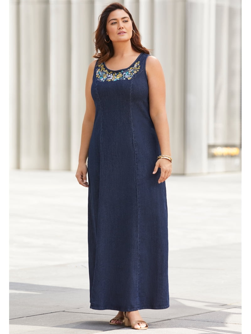 knee length dresses for ladies Blue Plus Size Denim Maxi Dress Round Neck main image 0