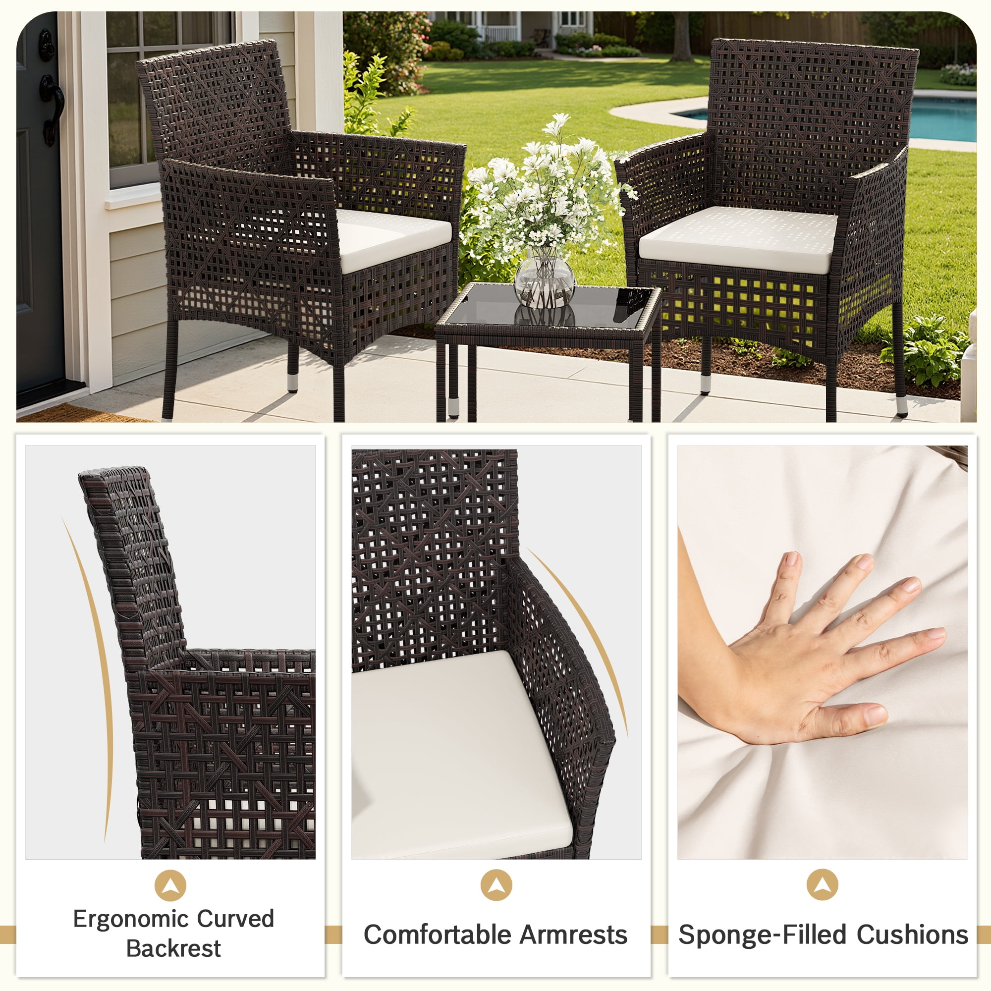 Lacoo 3 Pieces Outdoor conversation Set Rattan Patio Furniture Bistro Chat Chairs Set of 2 with Table for Garden Porch, Brown
