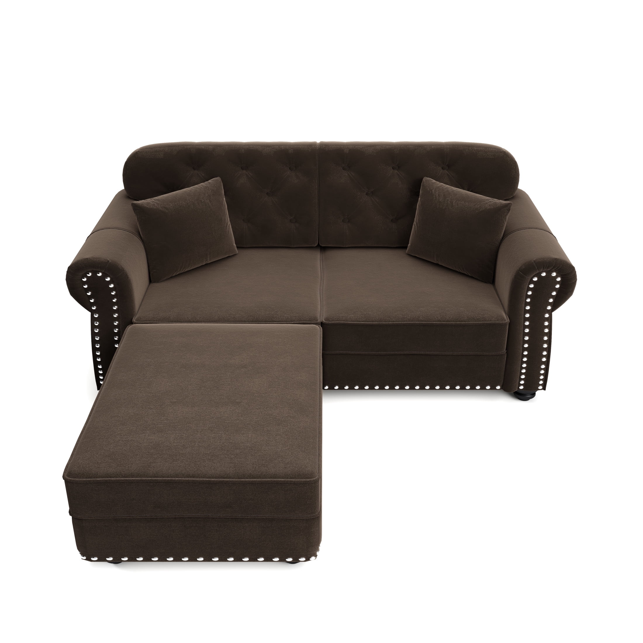 Noble House Kieran 2-Seater Velvet Chesterfield Sofa, Modern Tufted Armchair with Nailhead Trim and Ottoman, Brown
