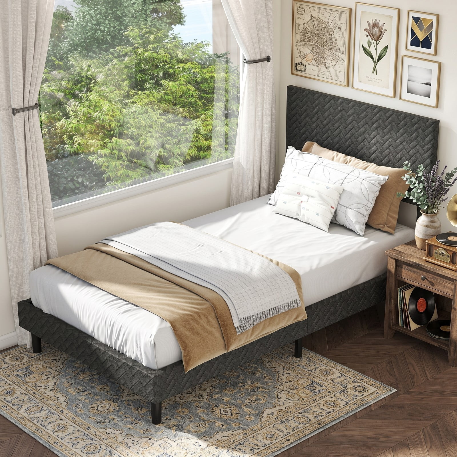 Furnibear Twin Bed Frame with Headboard, Velvet Upholstered Platform Bed with Height Adjustable Chevron Headboard and Wood Slats, Gray