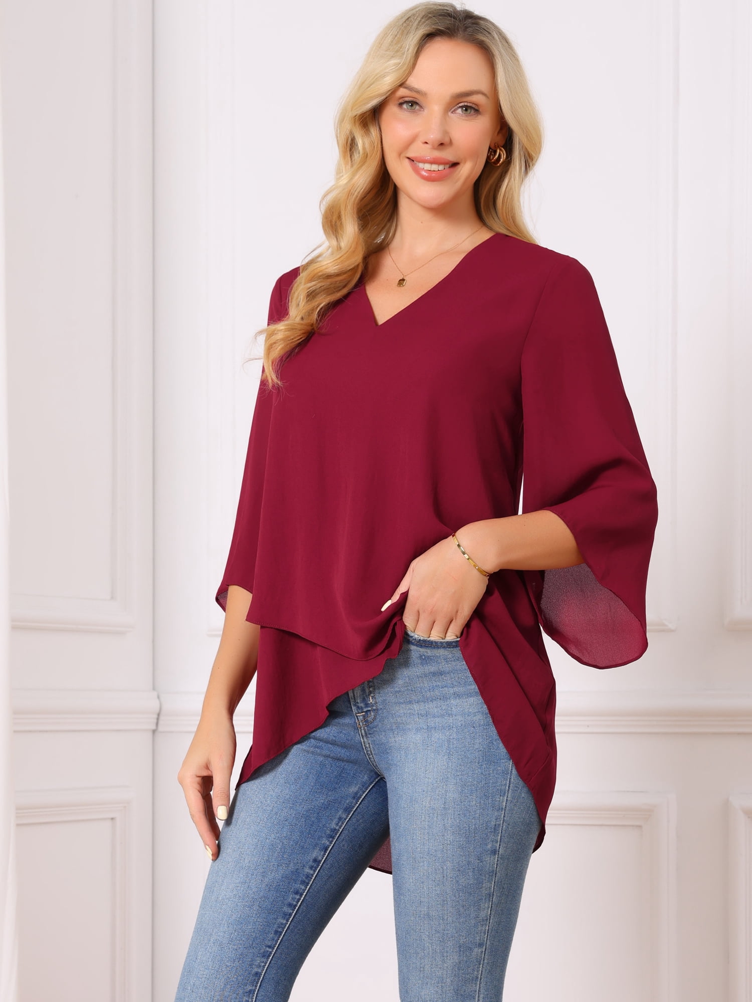 DARING DIVA Women's High Low Tops 3/4 Bell Sleeve V Neck Chiffon Blouse S Wine Red
