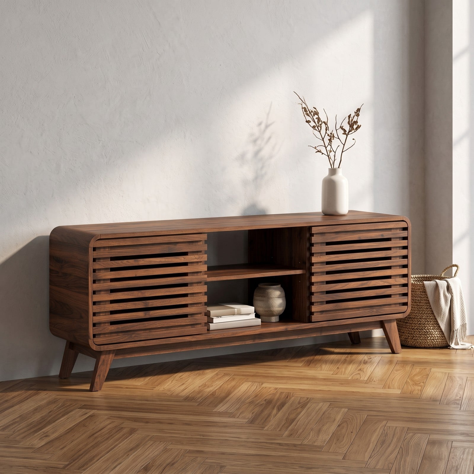 Furnibear Mid Century Modern Entertainment Center, TV Stand for TVs up to 65 Inch with Grille-Style Sliding Doors and 3 Adjustable Shelves, Media Console, Walnut