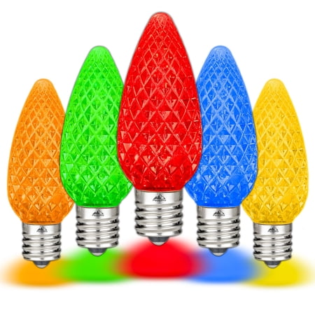 Novelty Lights Multicolor C9 LED Faceted Christmas Replacement Bulbs Dimmable 25 Pack