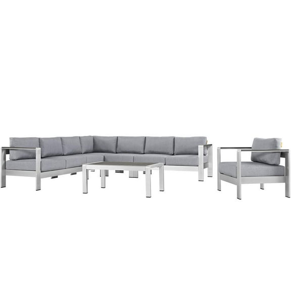 Modway Shore 7 Piece Outdoor Patio Aluminum Sectional Sofa Set in Silver Gray