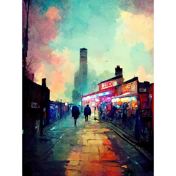 Brick Lane London 1960's Night Street Scene Oil Painting Unframed Wall Art Print Poster Home Decor